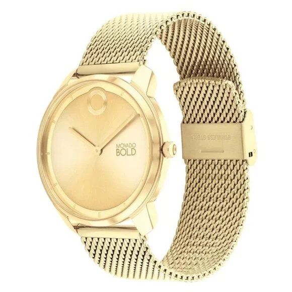 MOVADO 3601015 GOLD DIAL GOLD STAINLESS STEEL MESH BRACELET MENS WATCH